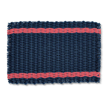 Welcome Mat for Outdoors, Wicked Good Lobster Rope Doormat in Navy with Nantucket Red Tailored Stripes, Waterproof Outdoor Door Mats